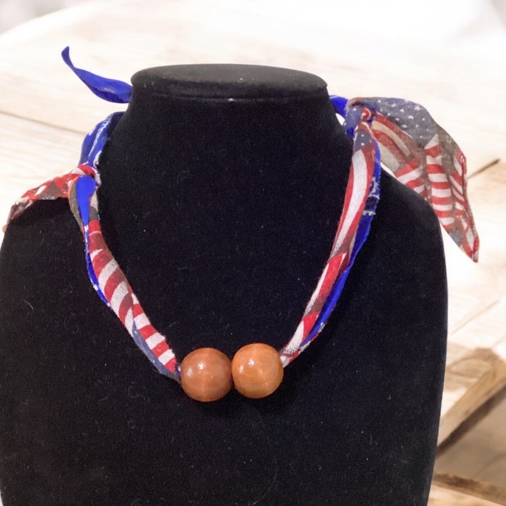 (#135) Patriotic Bandanna Necklace with Wooden Beads